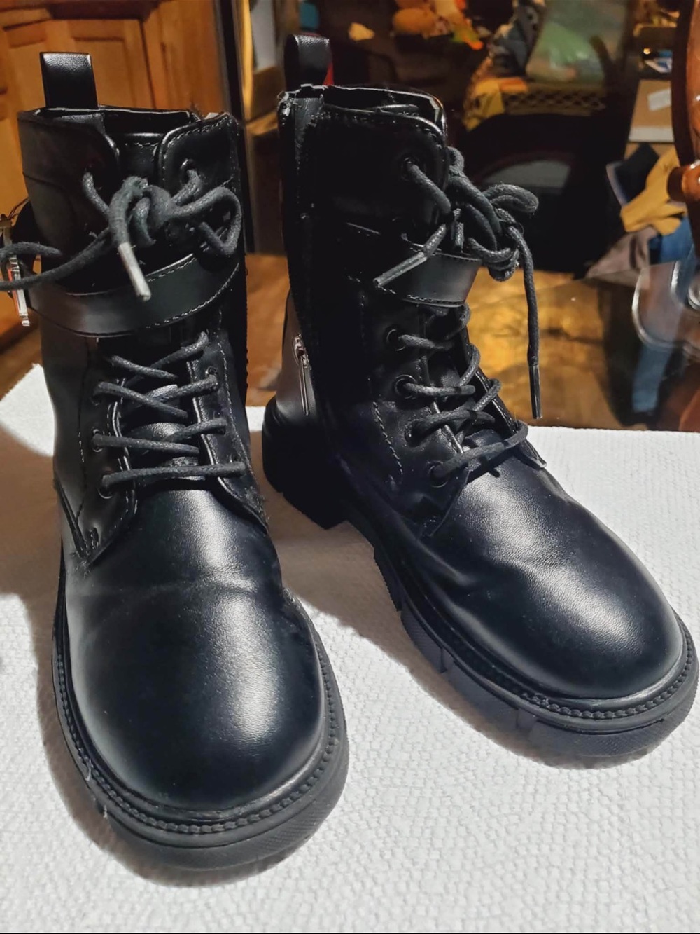Vince Camuto Kids Black Lace-Up Buckle Combat Boots